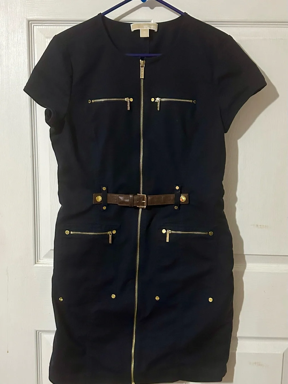 MICHAEL KORS Blue Dress Zip-Front Belted Midi Dress with Gold Hardware
